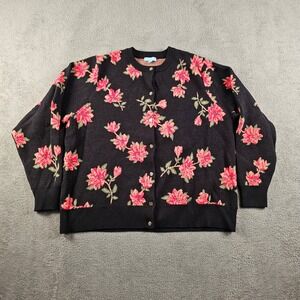 Draper James RSVP Black Floral Cardigan Sweater Pink Gold Buttons 1X